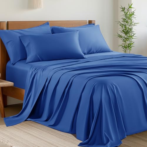Image of Shilucheng 6 Piece California King Sheet Sets, Cooling Sheets, Blend Rayon Derived from Bamboo, Deep Pocket Up to 16 inch, Breathable & Soft Bed Sheets, Hotel Silky Bedding Set, Navy Blue