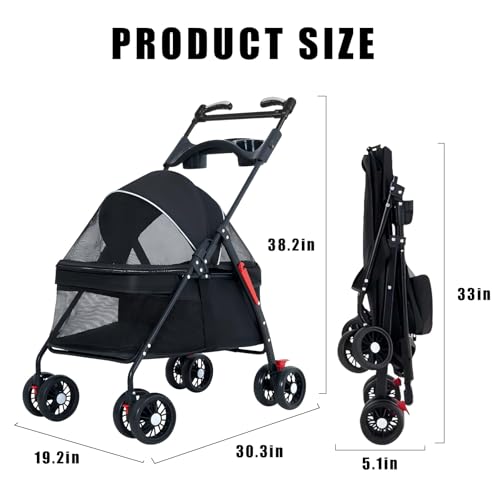 OMDOCA Carrinho de passeio com gaiola dobrável para cães e gatos, com cesta de armazenamento e supor