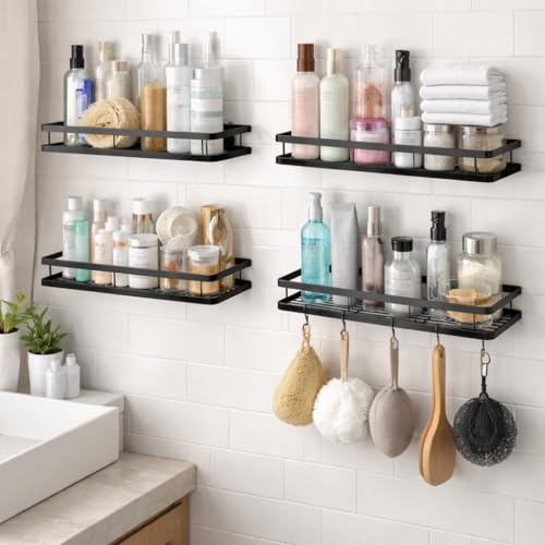 Image of Wall Mounted Spice Rack Organizer Hanging Spice Seasoning Rack bathroom Shelf Holder with 5 utensils hanging hooks Organizer Storage for Kitchen Cabinet (set of 4)