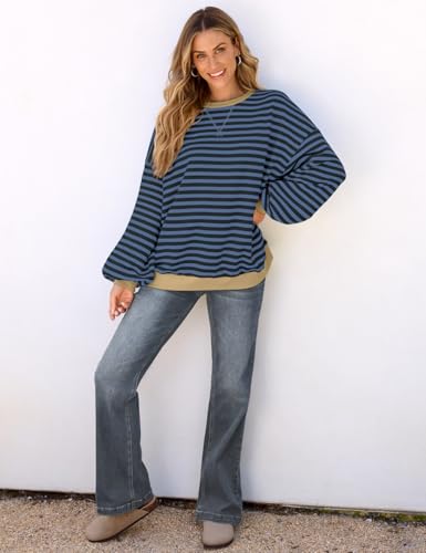 Image of UEU Women Oversized Striped Crewneck Sweatshirt Long Sleeve Color Block Pullover Tops Casual Loose Workout Shirt