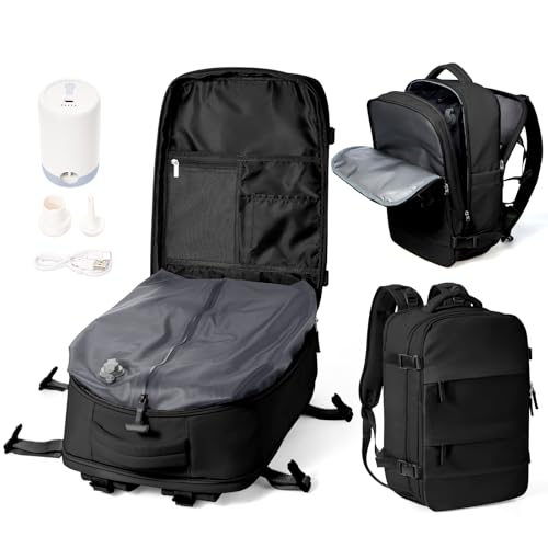 WEPOET Sac a Dos Sous Vide Voyage Avec Pompe Sac Airbag Travel Sac a Dos Voyage Cabine Avion 40x30x20 Easyjet Imperméable Vacuum Backpack Homme Femme Port USB Avec...