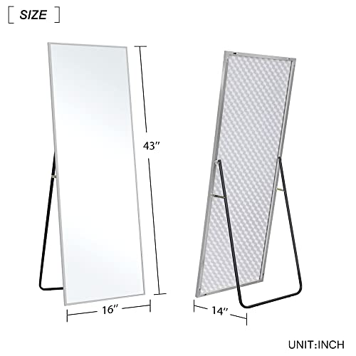 Image of NeuType 43 inchx16 inch Full Length Mirror with Standing Holder Aluminum Alloy Frame Floor Mirror Wall-Mounted Mirror for Living Room, Bedroom, Hanging or Leaning Against Wall, Silver (with Stand)