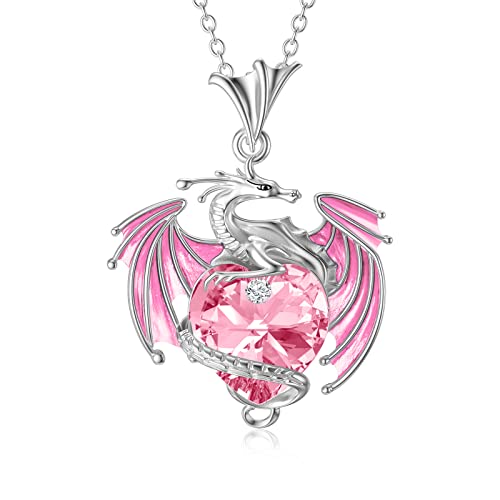 Plesitep Dragon Necklace Sterling Silver Birthstone Wyvern Necklace With Heart Shaped Crystal Jewelry Gift For Women Girl October Birthstone #TOP5