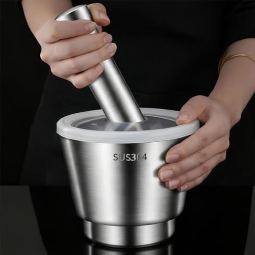 Stainless Steel Mortar and Pestle, Large Capacity 5 Inch Polished Pill Crusher with Lid, Heavy Duty Spice Grinder, Non-Slip Base Grinding Herb Spice Bowl