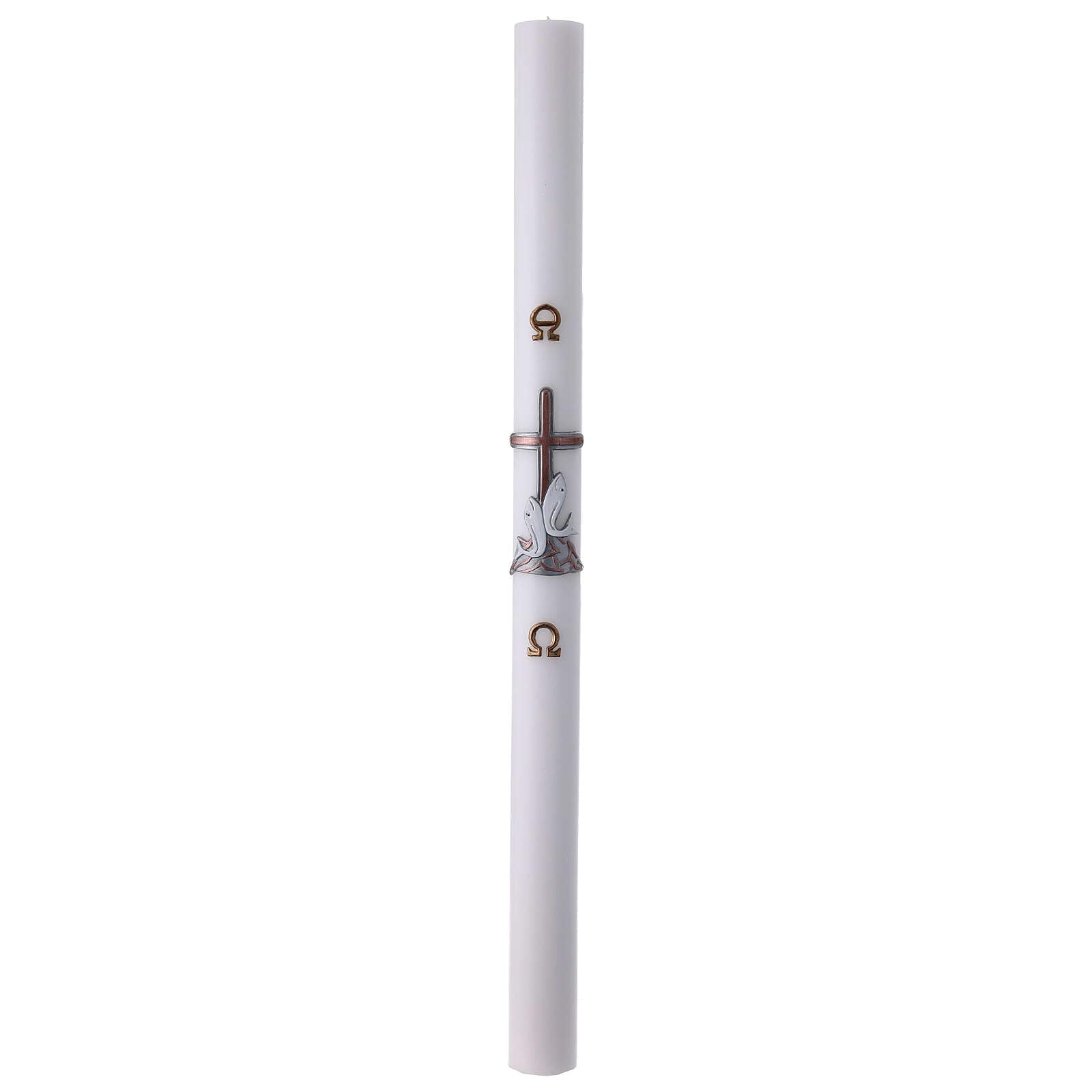White Paschal Candle, Fishes Over Copper Cross, 3x47 in