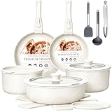 Nonstick Pots and Pans Set 17pcs, Induction Hob Pan Set, Kitchen Cookware Sets with Detachable Handle, RV Frying Pans, Saucepan Sets with Lids, Oven Safe(White)