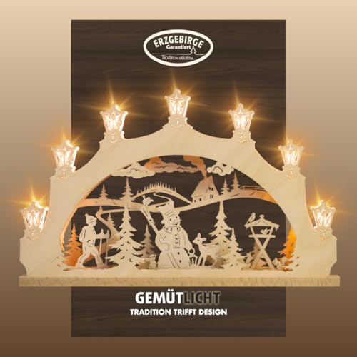 weigla - Schwibbogen original Erzgebirge I LED Lichterbogen Weihnachten I Motiv Schneemann im Wald I 7 Lampenkerzen + 1 Ersatzlampe I 7 x 34 V, 0,2 W, E10 I beleuchtete Weihnachtsdeko