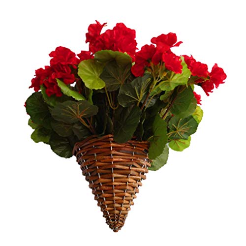 19.7" Silk Begonia Flower Hanging Wicker Cone Basket Artificial Flowers Begonias Red #TOP3