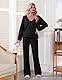 PASUDA Zweiteiler Damen Elegant Tracksuit Hausanzug Kuschelig Langarm Lässiger Trainingsanzug Loungewear Set Gerippt V-Ausschnitt 2-Teiliges Freizeitanzug mit Strickpullover Lange Hose (Schwarz, M)