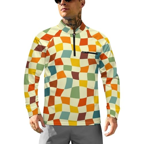 Mens Long Sleeve Mesh Fishing Shirts Retro 70s Chessboard Rash Guard Fishing Running Tshirt Sun Protection Tee