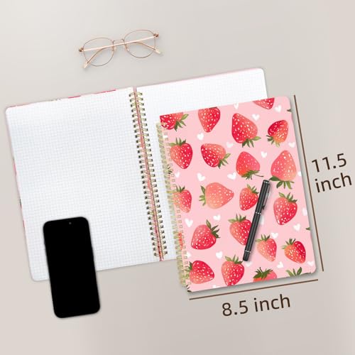 Image of Cute Spiral Notebook 8.5 x 11 Graph Paper Journal A4, Strawberry | 70 page, Note Book with Pocket, Large, Big, Hard Cover, Aesthetic, Pretty Design, for Women, Girls, Kawaii