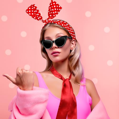 QZYL 6 Pack 1950\'s Womens Costume Accessories Set Retro Polka Dot Chiffon Scarf Headband Cat Eye Glasses Earrings Party Girl - Thumbnail 6