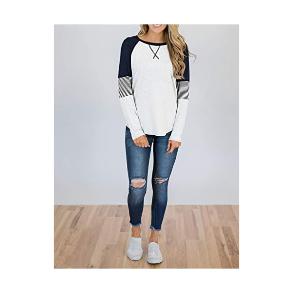 Hilltichu Womens Color Block Round Neck Tunic Tops Casual Long Sleeve Shirt Blouse A-white