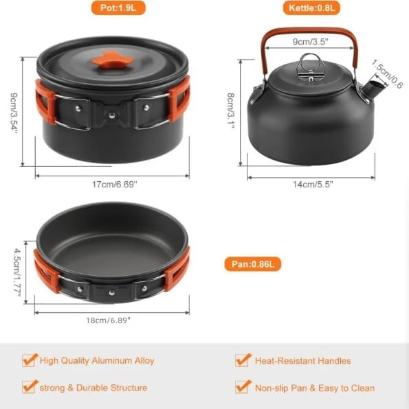 Portable Camping Cookware Set for 2-3 People, Aluminum Alloy with Non-Stick Coating, Lightweight Backpacking Kit (Vistas Markets)