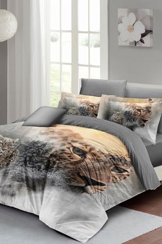 Leopar Desenli Çift Kişilik Nevresim Takımı - Lastikli Çarşaflı%100 Pamuk Saten, monohome67045