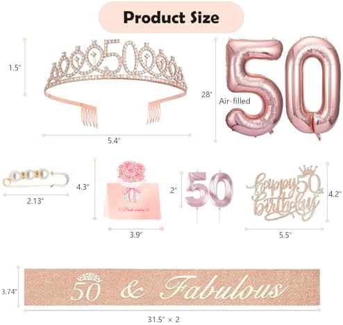 50th Birthday Decorations Gifts for Her Women, Including 50th Happy Birthday Cake Topper, Queen Sash with Pearl Pin, Sweet Rhinestone Tiara Crown for Women, Number Candles and Balloons (Rose Gold)