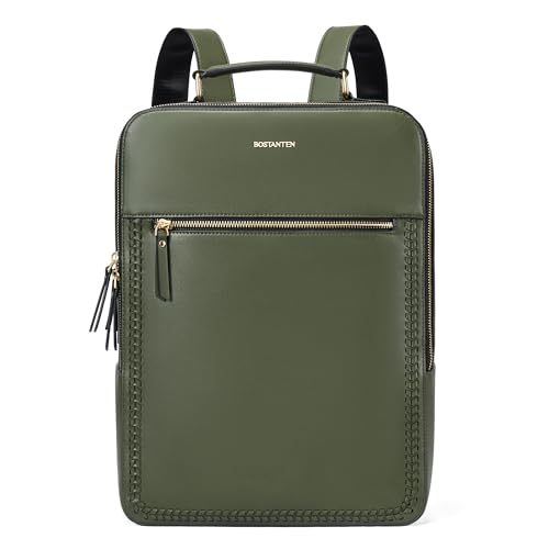 BOSTANTEN Leather Backpack 15.6 inch Laptop Bag Travel Casual Computer Backpack College Business Work Shoulder Bags with Trolley Sleeve for Women Men Olive Green