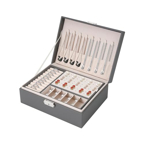HAOYULUO Joyeros Mujer Organizador,2 Capas Grande Organizador Joyas,Cajas Joyero de Organizador impermeable con Cerradura para Collares, Pulseras, Anillos, etc, Gris