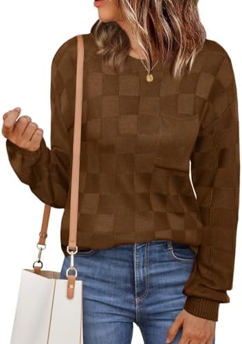 Womens Sweaters 2025 Fashion Trendy Long Sleeve Crewneck Checkered Sweater Knit Loose Pullover Sweater Tops