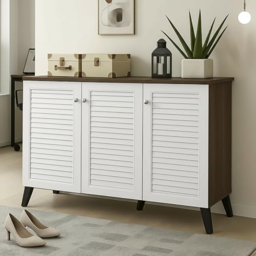 Image of Shoe Rack Wooden - 3 -Door Engineered Wooden Shoe Cabinet, 6-Tier Shoe Storage Cabinet with Doors Adjustable Shelves, Wooden Shoes Rack Organizer (Wotan Oak-White, 3 Door)