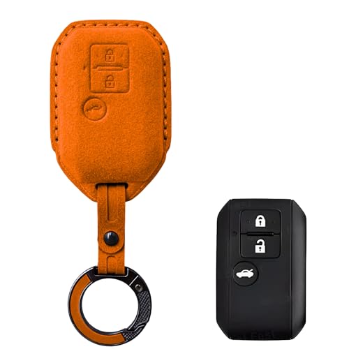 Image of KMH Alcantara Car Key Cover Compatible for Maruti Suzuki Swift, Dzire, Baleno, Ertiga 3 Button Shell Case Holder Full Key Protector Smart Keycover with Keychain (D3) Orange - Pack of 2