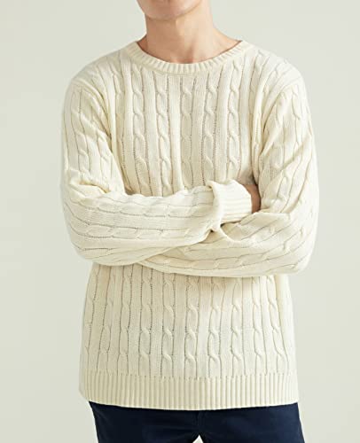 Qualfort Men's Cable Sweaters Crewneck Pullover Sweater Long Sleeve Casual Tops Off White Large #TOP3