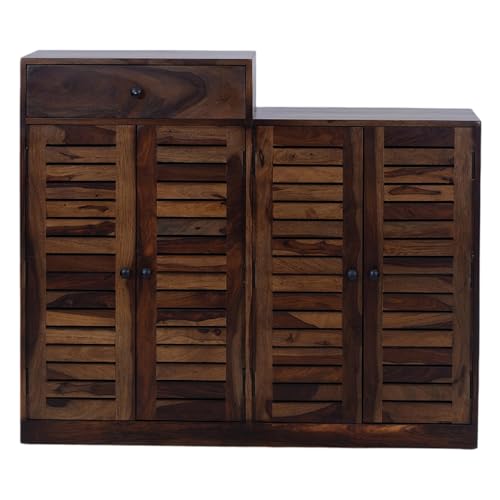 Image of Royaloak Opal 4 Door Sheesham Wood Shoe Stand | Drawer Storage | Durable & Long Lasting | 6 Shelves Ample Storage | Emperor Collection | Wooden Shoe Rack for Home