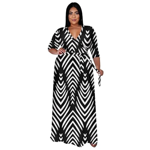 Image of Runwind Plus Size Dresses for Women Floral Maxi Dress Flowy 3 /4 Sleeve with Belt