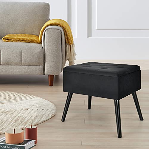 Giantex Tufted Storage Ottoman, Flip Top Storage Stool W/Solid Wood Legs, Space-Saving Storage, Rectangular Velvet Upholstered Vanity Stool For Living Room Bedroom, Multifunctional, Black #TOP6