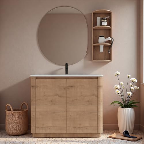 Image of 40 inch Bathroom Vanity with Ceramic Sink, Freestanding Bathroom Vanity with 2-Soft-Close Door, Semicircle Storage Rack & Inside Adjustable Shelves for Home, Farmhouse Floor Mount Vanity, Oak