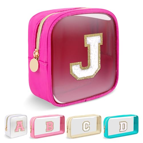 Mini Clear Personalized Initial Makeup Bag,Nylon Preppy A-Z Chenille Letter Patch Zipper Cosmetic Bag, Small Cute Beach Pouch Travel Purse Sanitary Napkin Storage Bag for Women Girls(Hot Pink-White J)