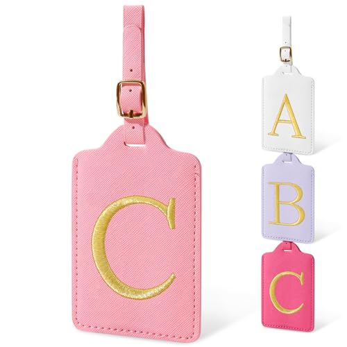 Image of Initial Luggage Tags for Suitcases, Cute Embroidered Letter Luggage Bag Suitcase Identifier Name Baggage Tag, PU Leather Travel Luggage Tags, Bag Tags for Men Women Kids Luggage Handbags(Pink C)