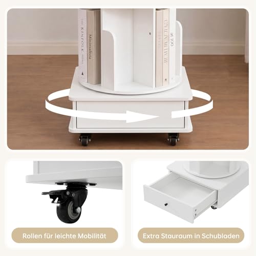 Nordivale Drehbares Bücherregal 360° Frei, Bücherregal Drehbar Weiß, Bücherregal Kinder mit rollbar & extra Unterschublade, für Wohnzimmer… – Ansicht 3
