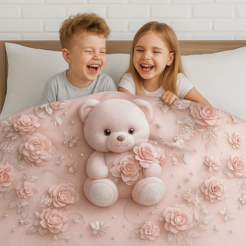 Image of King Size 7D Digital Print Bedsheet - 350 TC Cotton, Kids Friendly Design, Soft & Breathable 180 GSM Fabric, Machine Washable, Gift-Ready Packaging. (108x108 Inches). (Pink Teddy)