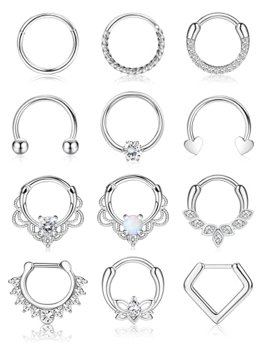 JeweBella 12 Piezas Piercing Septum Acero Quirúrgico 16G Aro Nariz Anillo Clicker Septum Pendientes Helix Tragus Daith Nostril Labio 8/10mm