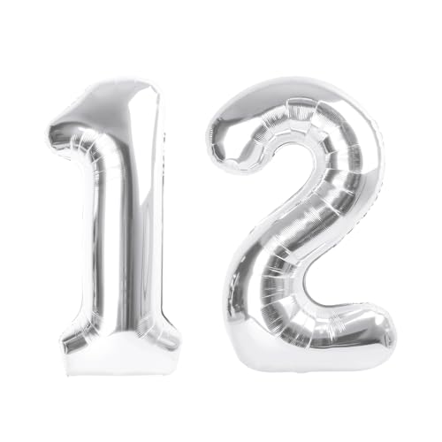 Image of 12 Balloon 40 inch Silver Number Balloons for 12 21 Birthday Decoration | Saturated Color, Large 40 in, With Straw & Hanging Hole, For Graduation Season, Thanksgiving, Anniversary, Christmas