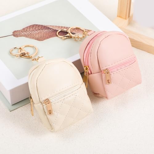 2Pcs Mini Backpack Cute Cosmetic Bag for Women Creative Pendant Keychain Key-chains Keyrings PU Leather Makeup Bag Key Pocket Lipstick Bag Card Holder Data Cable Organizer Zipper Pouch for Women Girl4