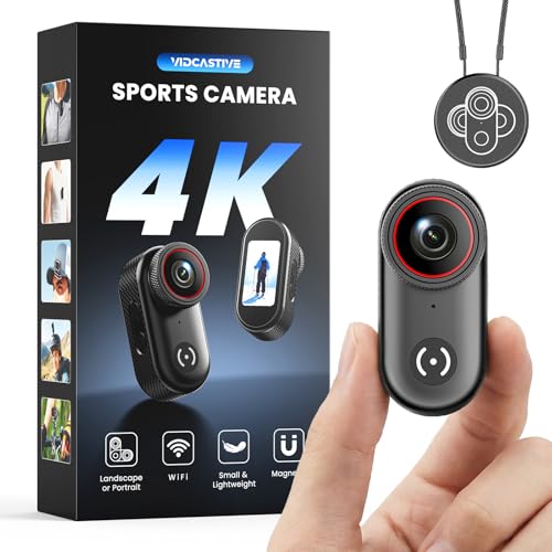 VIDCASTIVE 4K Mini Body Camera Wearable POV Action Cam with 1.47 Screen 150-Min Battery Magnetic & Clip Mount Thumb-Size Sports Camera for Work Travel Pets and More (64 GB)