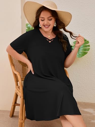 Image of AusLook Plus Size Midi Dress for Women Short Sleeve V Neck Criss Cross A Line Summer Casual Vacation Sundresses with Pockets