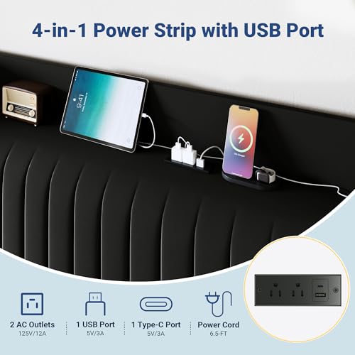 Image of Allewie Queen Size Platform Bed Frame with USB Charging Station and Storage Shelf /Upholstered Velvet Wingback Headboard /Wooden Slats Support /No Box Spring Needed /Easy Assembly, Black