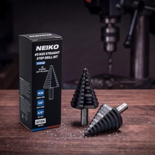 Image of NEIKO 10194B Step Drill Bit, 10 Steps 1 /4 inch to 1-3 /8 inch Straight M35 Cobalt, AlTiSiN Coated, 3 /8 inch Tri-Flat Step Bits for Steel, Metal, Wood, Plastic, Unibit Cone Drill Bits, Two Flute