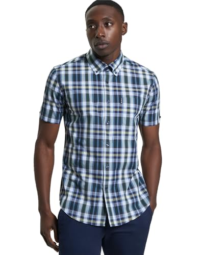 Image of Ben Sherman Men's Irregular Check Shirt, Short Sleeved, Button-Down Collar, Mod Fit (Dark Green) M