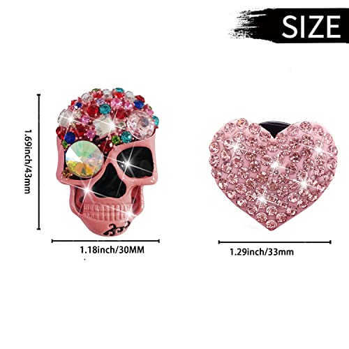 Image of Pink Heart & Skull Air Vent Clips - 4 Pcs Diamond Car Interior Decor, Bling Skeleton Air Fresheners, Vents Clips, Funny Car Accessories + Sunflower Mask Hook