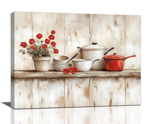 Rustic Kitchen Wall Art, Farmhouse Flower Pictures Wall Decor, Country Tableware Canvas Prints painting, Farm Framed Artwork for Kitchen Bathroom Living Room Dining Room Bedroom Office Home Decorations 16"x12"
