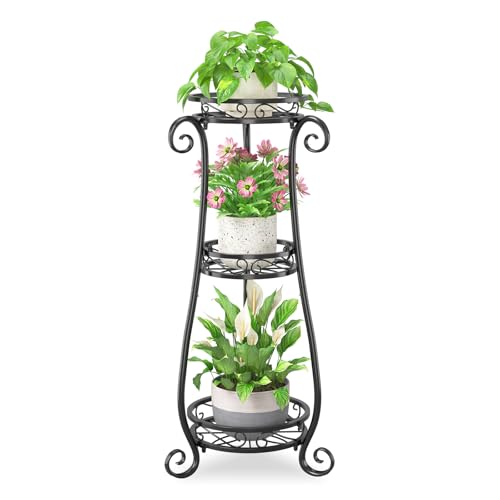 iDavosic.ly 3 Tier Tall Metal Plant Stand Outdoor Indoor, 34 Inch, Black