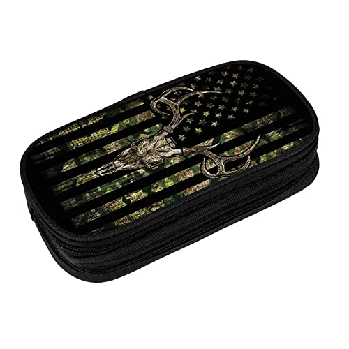 Image of YETTA YANG Hunting Camo Camouflage American Flag Green Black Deer Skull Pencil Box Case for Pen Holders Office Supplies Big Capacity large