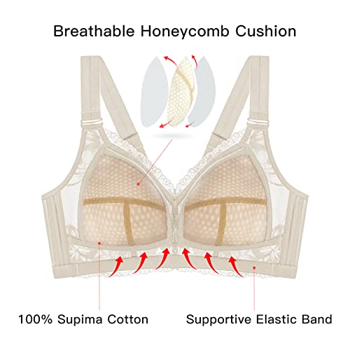 Bras For Women No Underwire, Comfortable Wireless Bras For Women Support, Minimizer Bras For Women Full Coverage Lace Bras With Honeycomb Inner Cushion, Lightly Lined No Wire Womens Bras Beige 34Ddd #TOP2