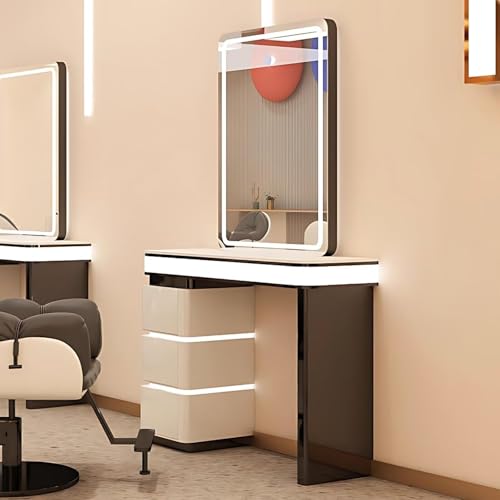 HHEvergreenEnsemble LED Salon Station for Hair Stylist (All - Around LED Design)(HD Mirror)(3 Large Drawers), Barber Station with Unique Futuristic Design, Black