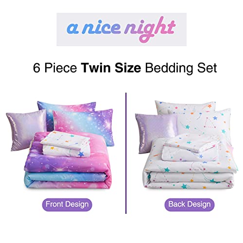 A Nice Night 6Pcs Gradient Glitter Bedding Set For Girls Twin Size, Colorful Rainbow Galaxy Comforter Set, Ultra Soft Bedding Sets, Purple #TOP5