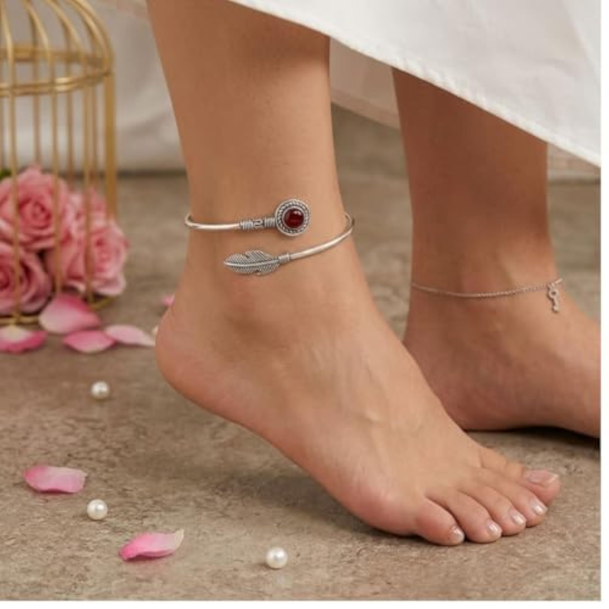 Women's Feather Kada Adjustable Natural Crystal Anklet